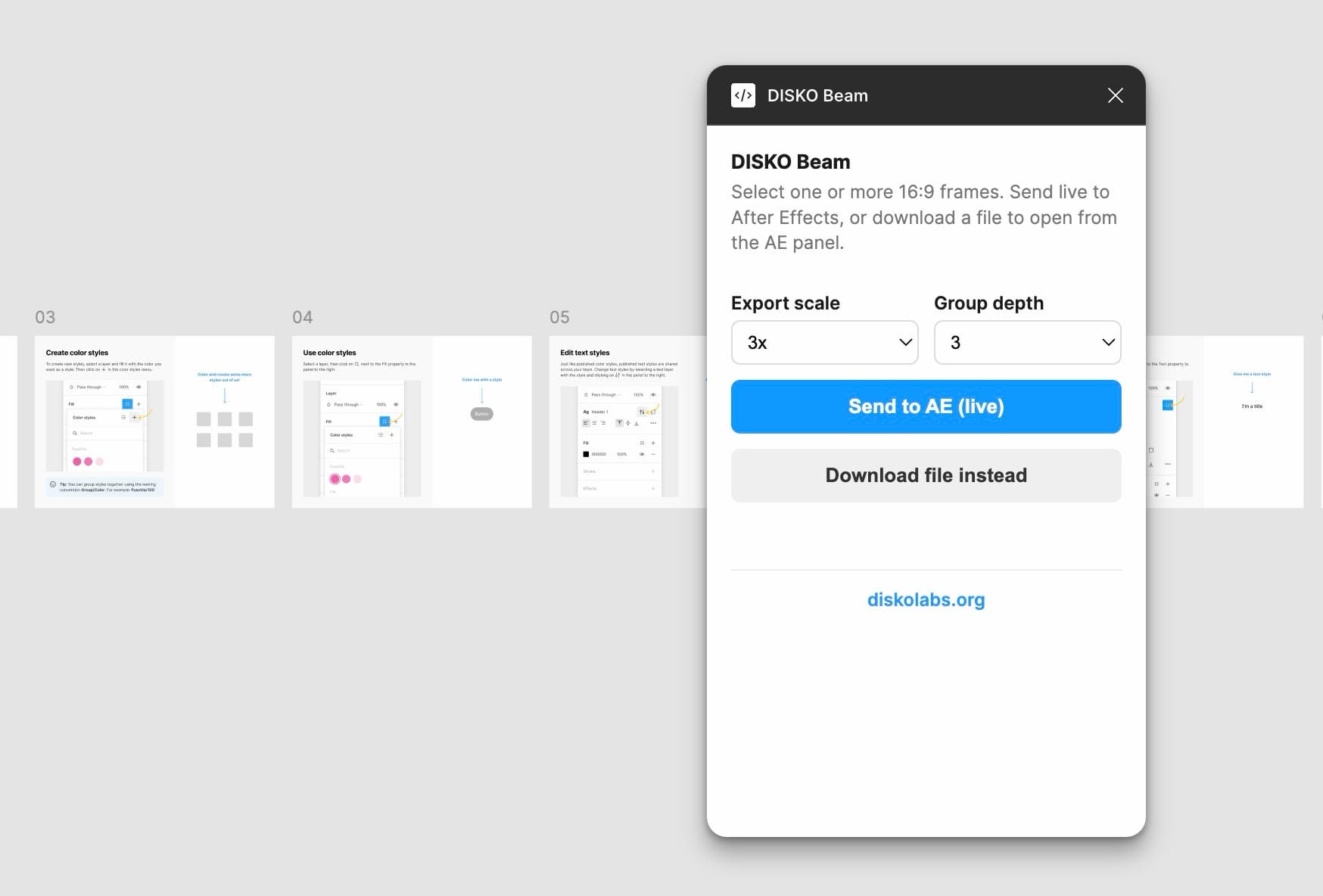 Select frames in Figma → organized 4K precomps in After Effects. One click.