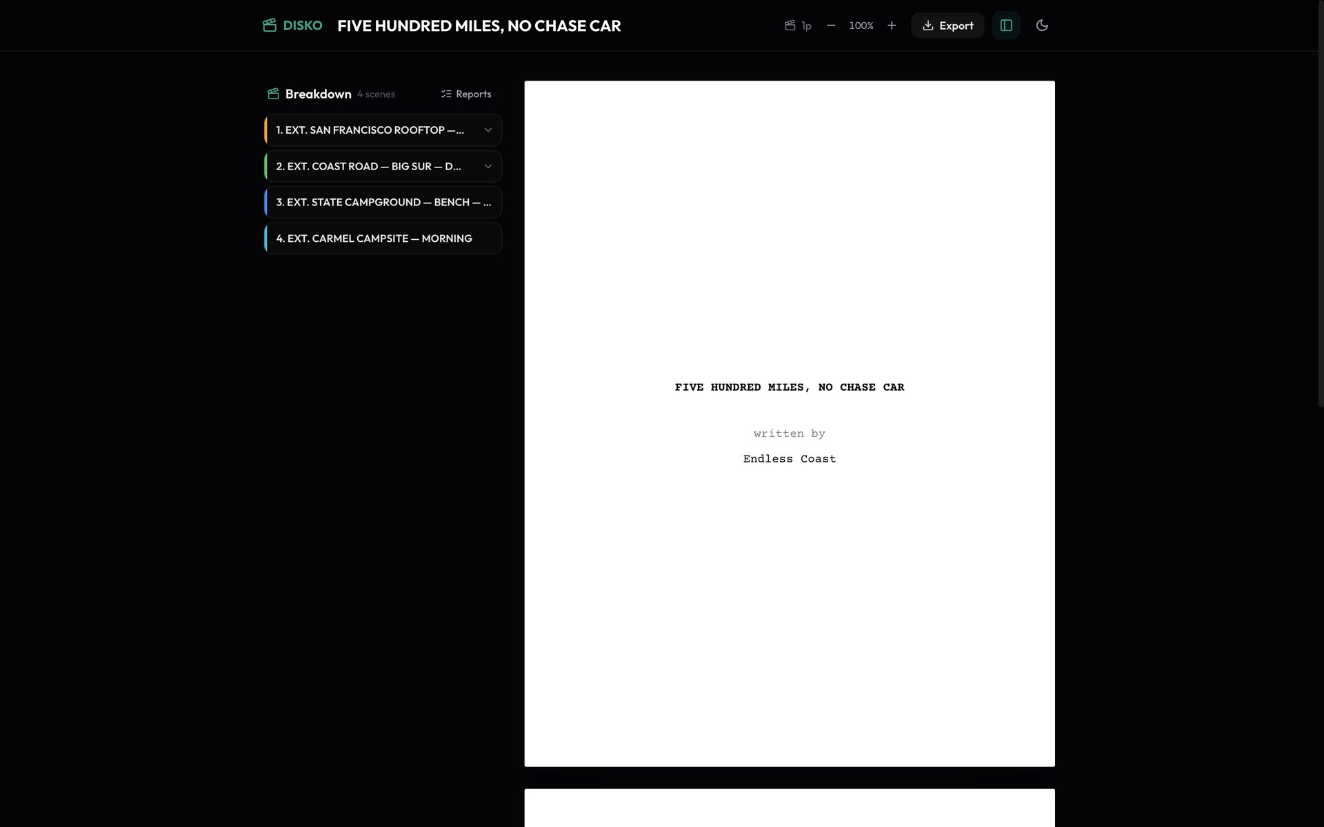 A script open in the DISKO Cloud screenplay editor — scene breakdown on the left, the pages in the middle.