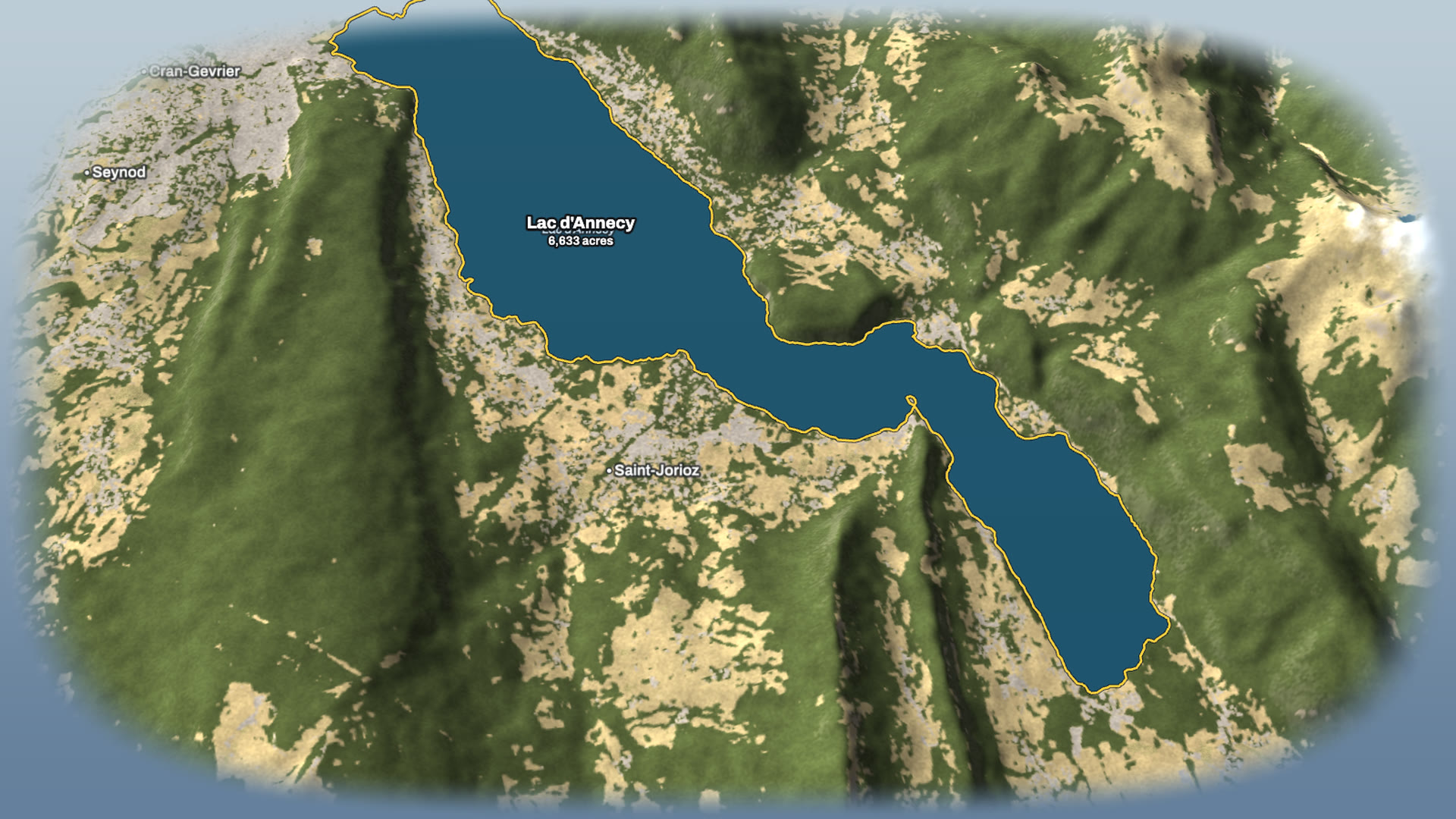 Lac d'Annecy, outlined from the map's own water and named, with its size.