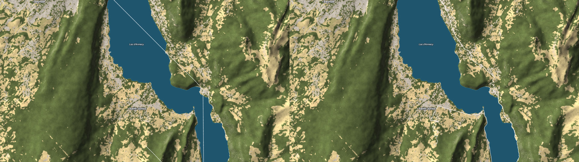 The same four clicks around Lake Annecy: straight lines, and the leg following the lakeside roads.