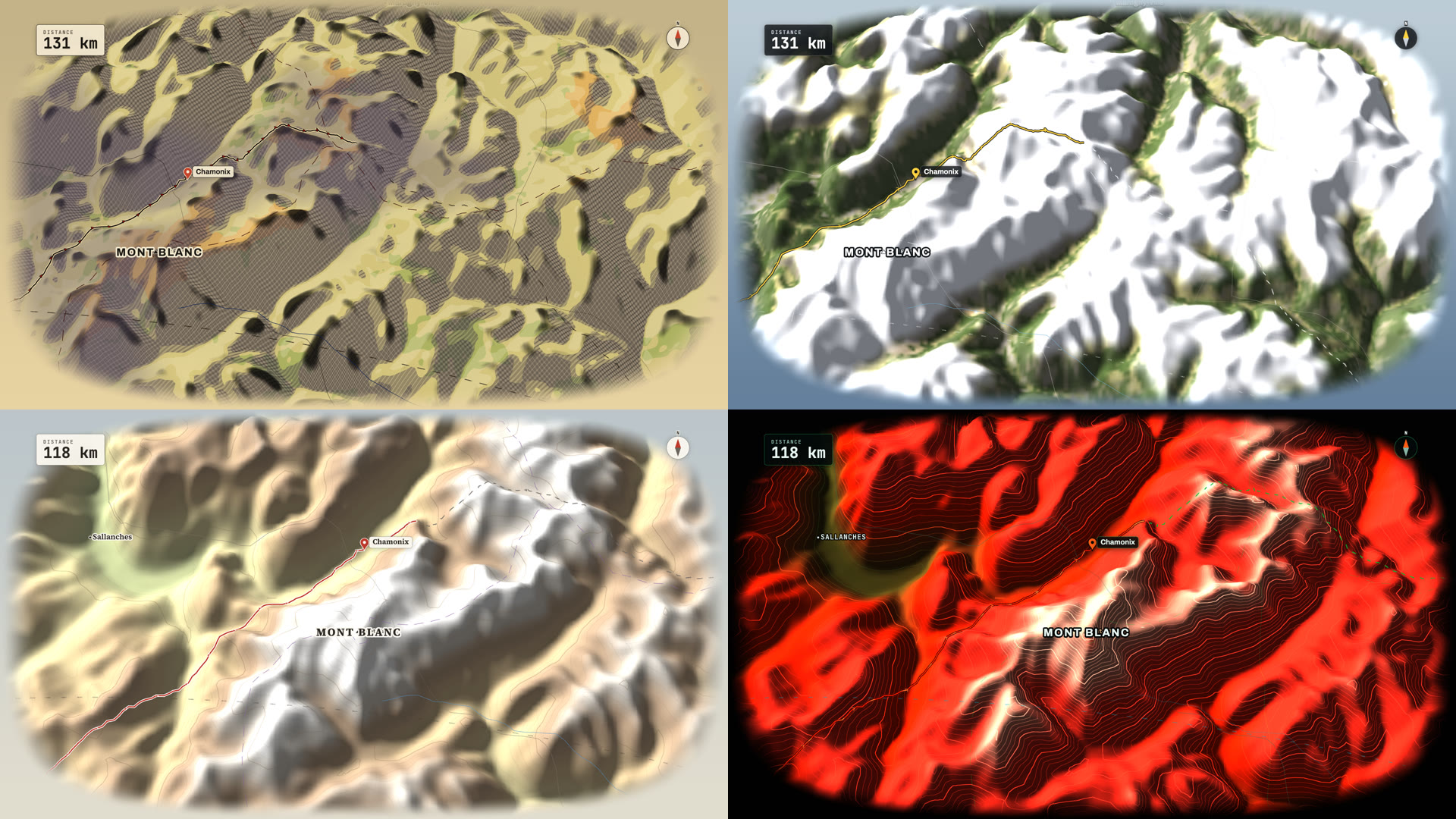 One map, four of the ten styles: Toon Paper, Natural, Atlas Light and Tech Noir.