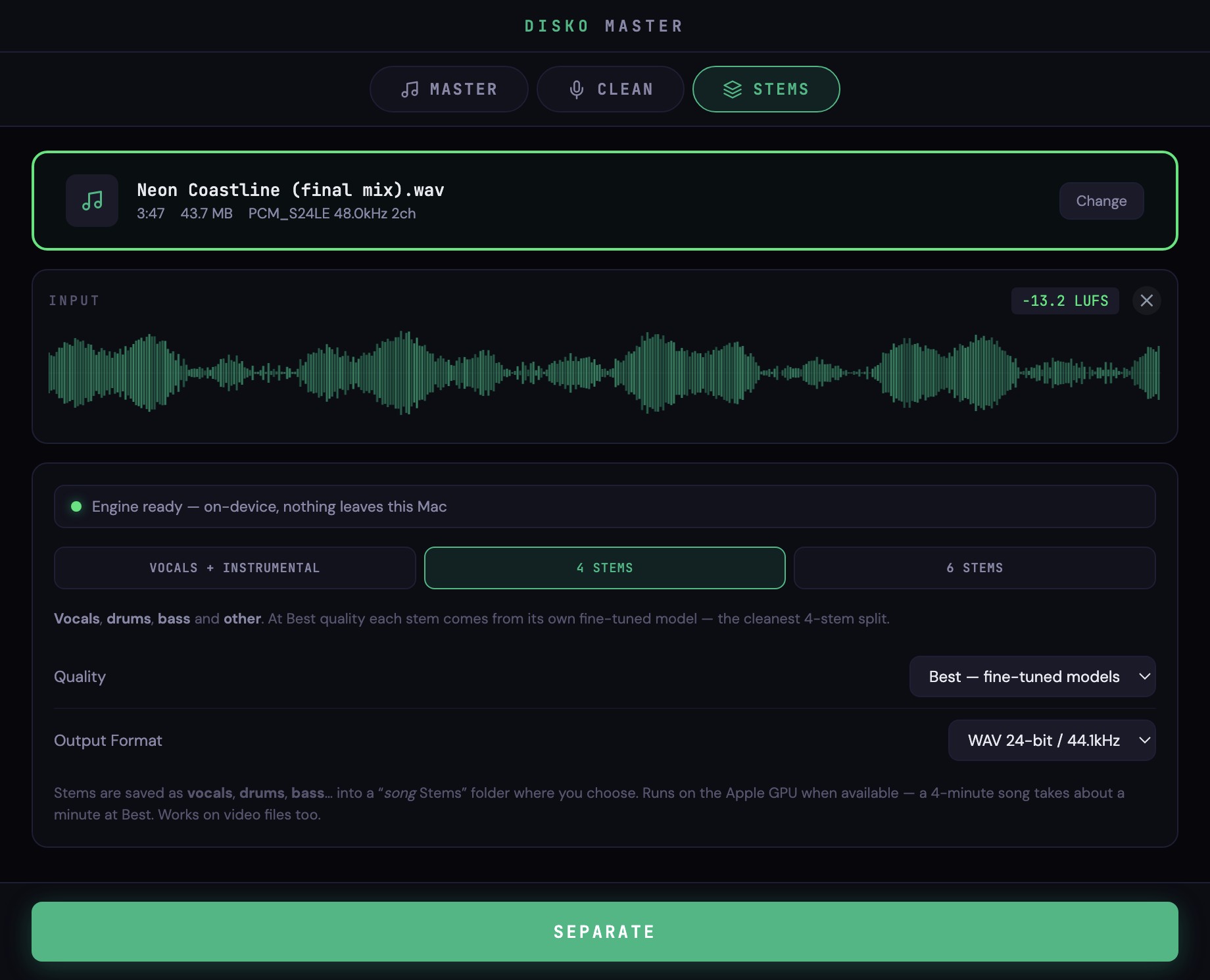 Drop a song, pick a split, click Separate. A folder of stems appears. That is the whole workflow.