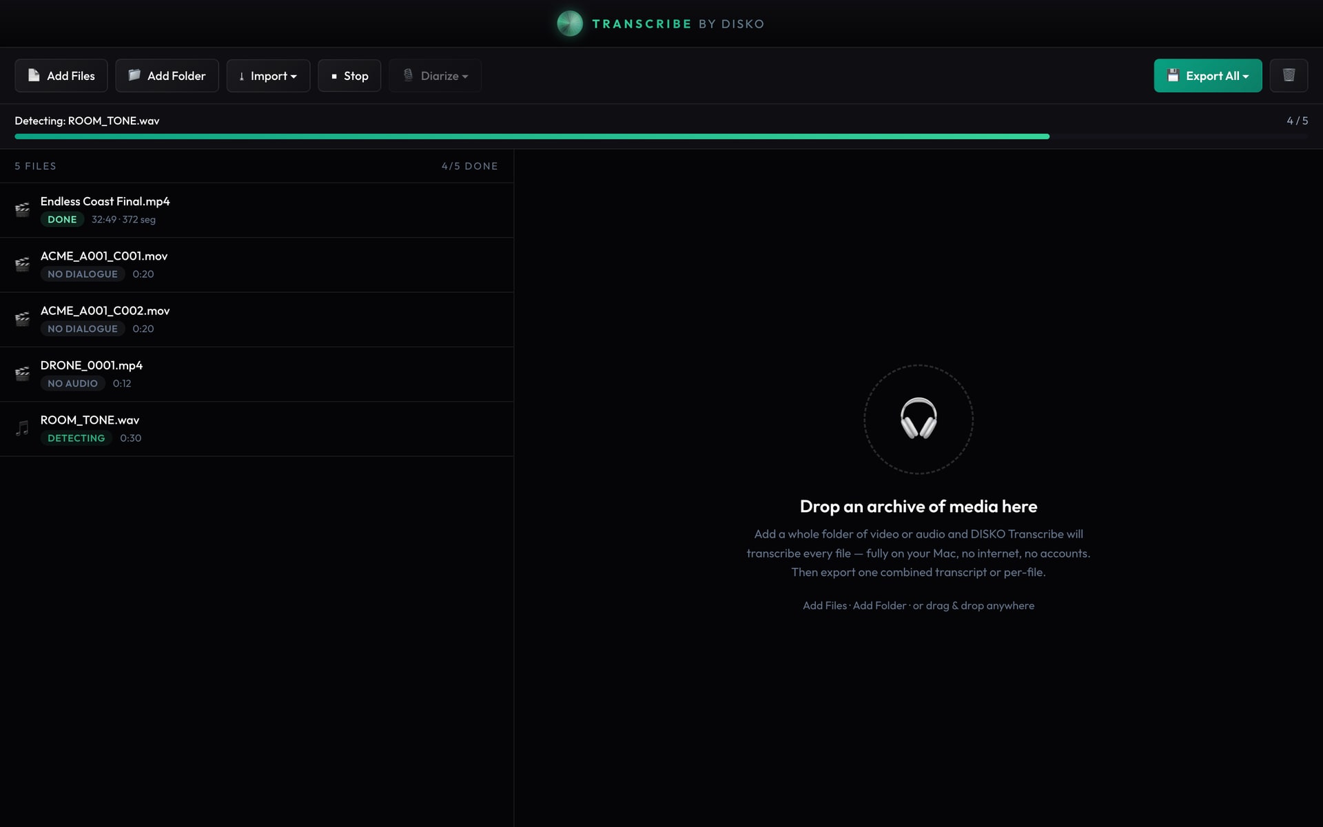 A folder of footage or a pasted link in — one clean transcript out. No accounts, no per-minute meter.
