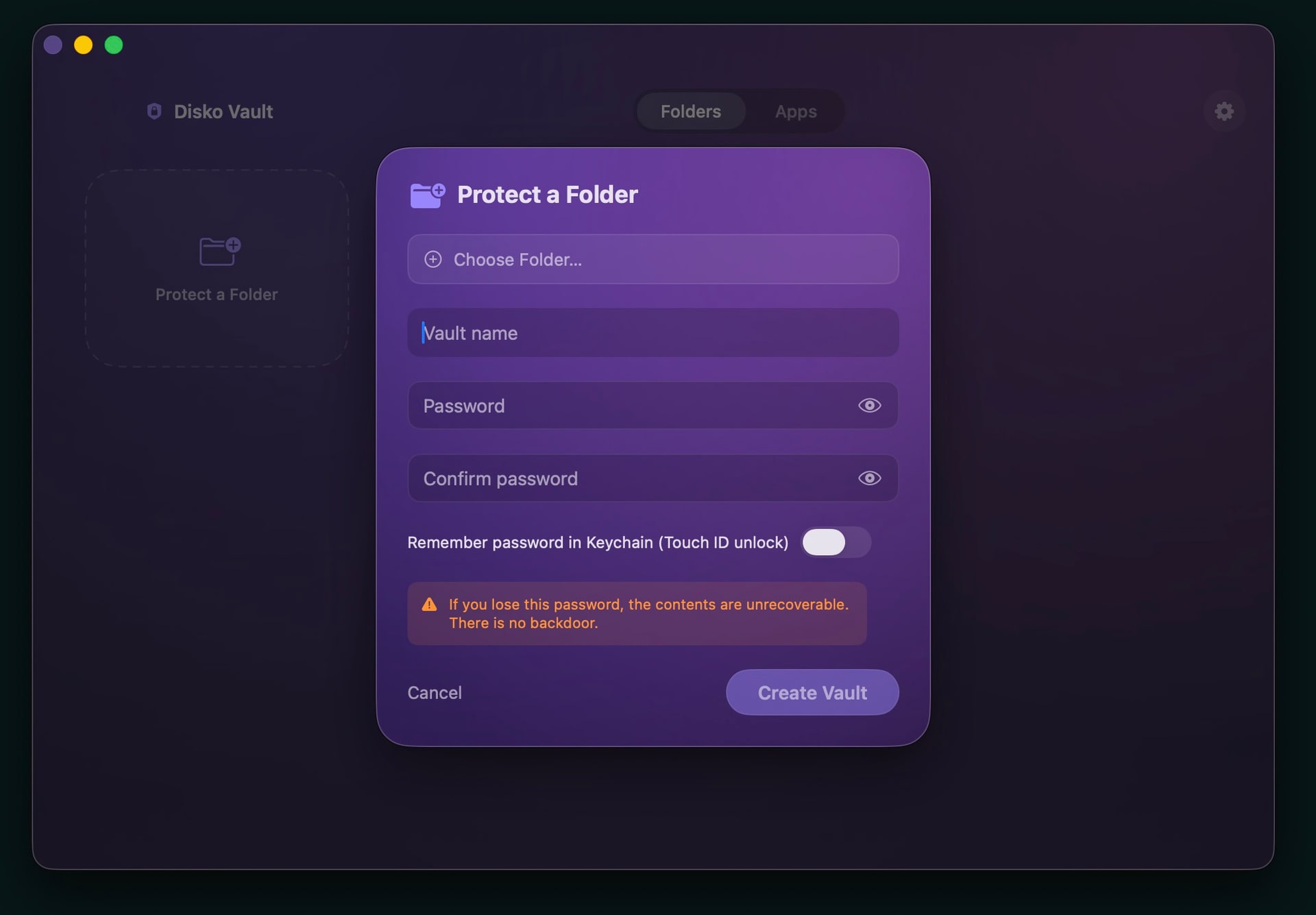 Protect a folder: pick it, name the vault, set a password — and read the warning, because there really is no backdoor.